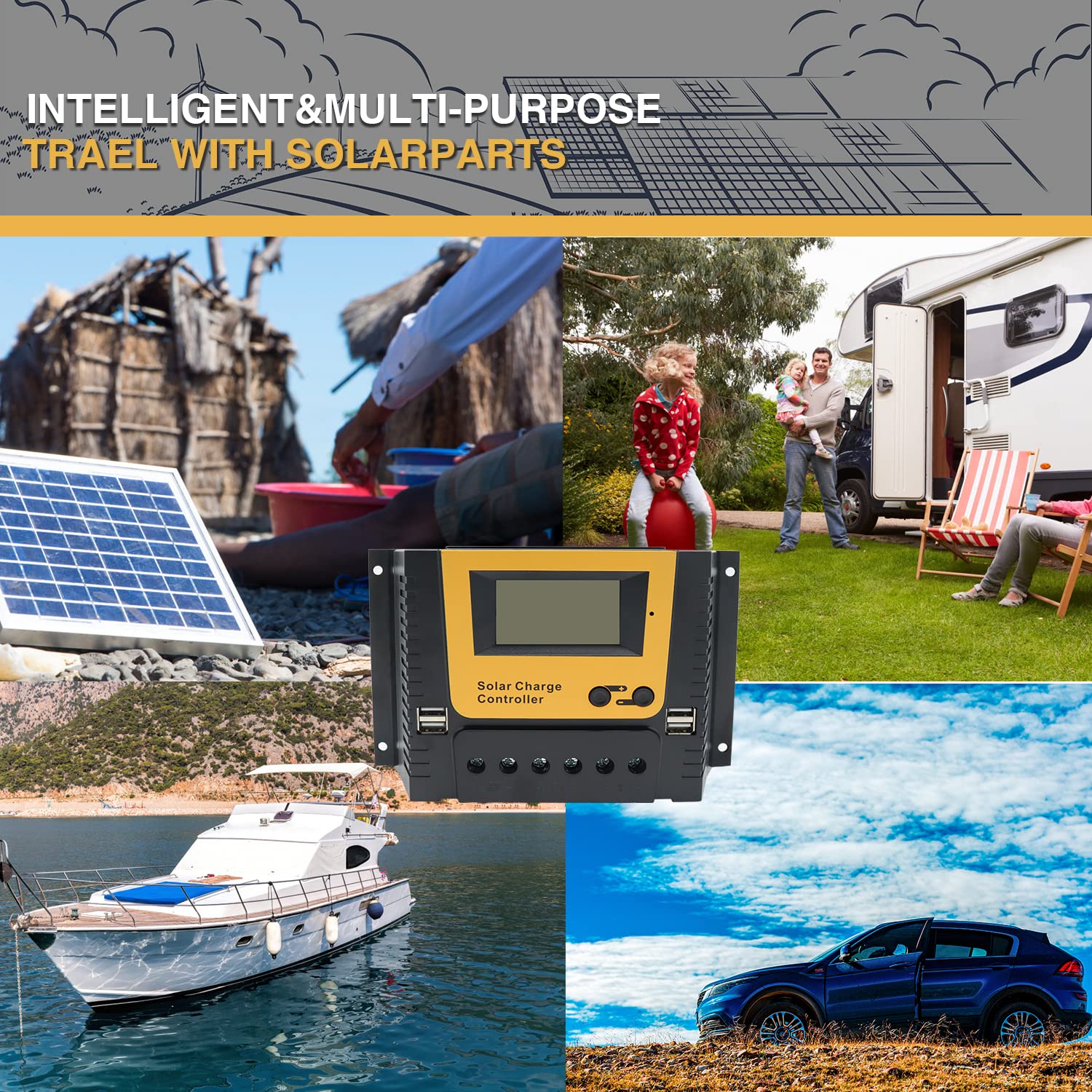 XINPUGUANG 20A Solar Charge Controller PWM Solar Panel Battery Regulator 12/24V Auto Work LCD Display Dual USB Ports 5V 2A Output (12V/24V/20A)